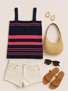 LOFT Navy Knitted Tank with Coral Pink Stripes NWT